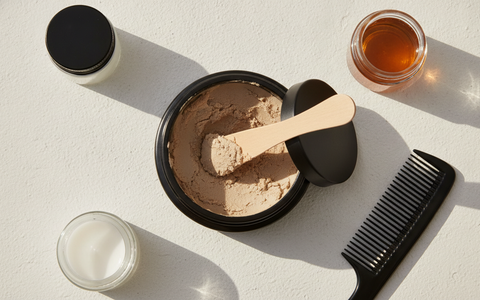 Open pot matte hair clay met houten spatel, kam en ongelabelde grooming-potjes van bovenaf op witte achtergrond
