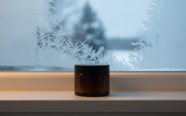 Potje pomade op een vensterbank met ijsbloemen op het glas, warm licht binnen tegen koud winterlicht buiten