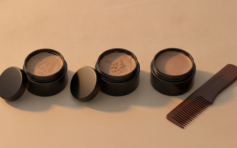 Drie potten matte haarclay op een zandkleurig oppervlak met een houten kam ernaast