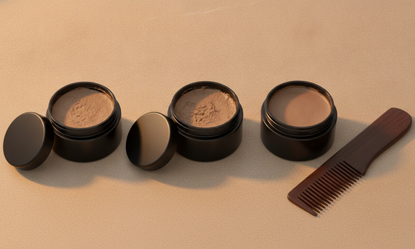 Drie potten matte haarclay op een zandkleurig oppervlak met een houten kam ernaast