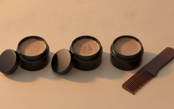 Drie potten matte haarclay op een zandkleurig oppervlak met een houten kam ernaast