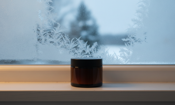 Potje pomade op een vensterbank met ijsbloemen op het glas, warm licht binnen tegen koud winterlicht buiten