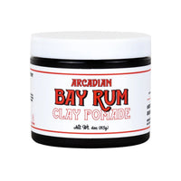 Arcadian Bay Rum Clay Pomade - vooraanzicht witte pot met rood etiket