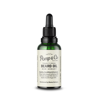 Pomp & Co. Beard Oil - vooraanzicht groen glazen flesje met pipet en etiket