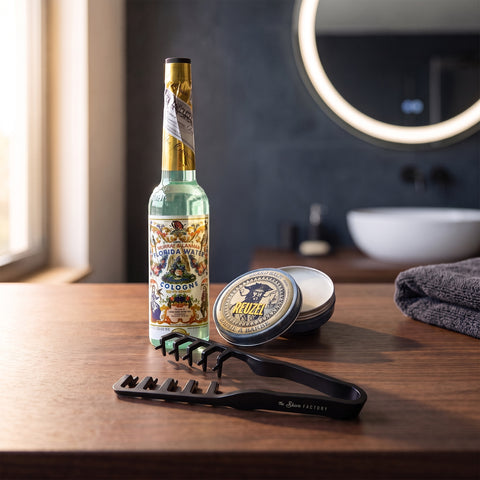 Barber Cadeauset, de complete set op een houten blad