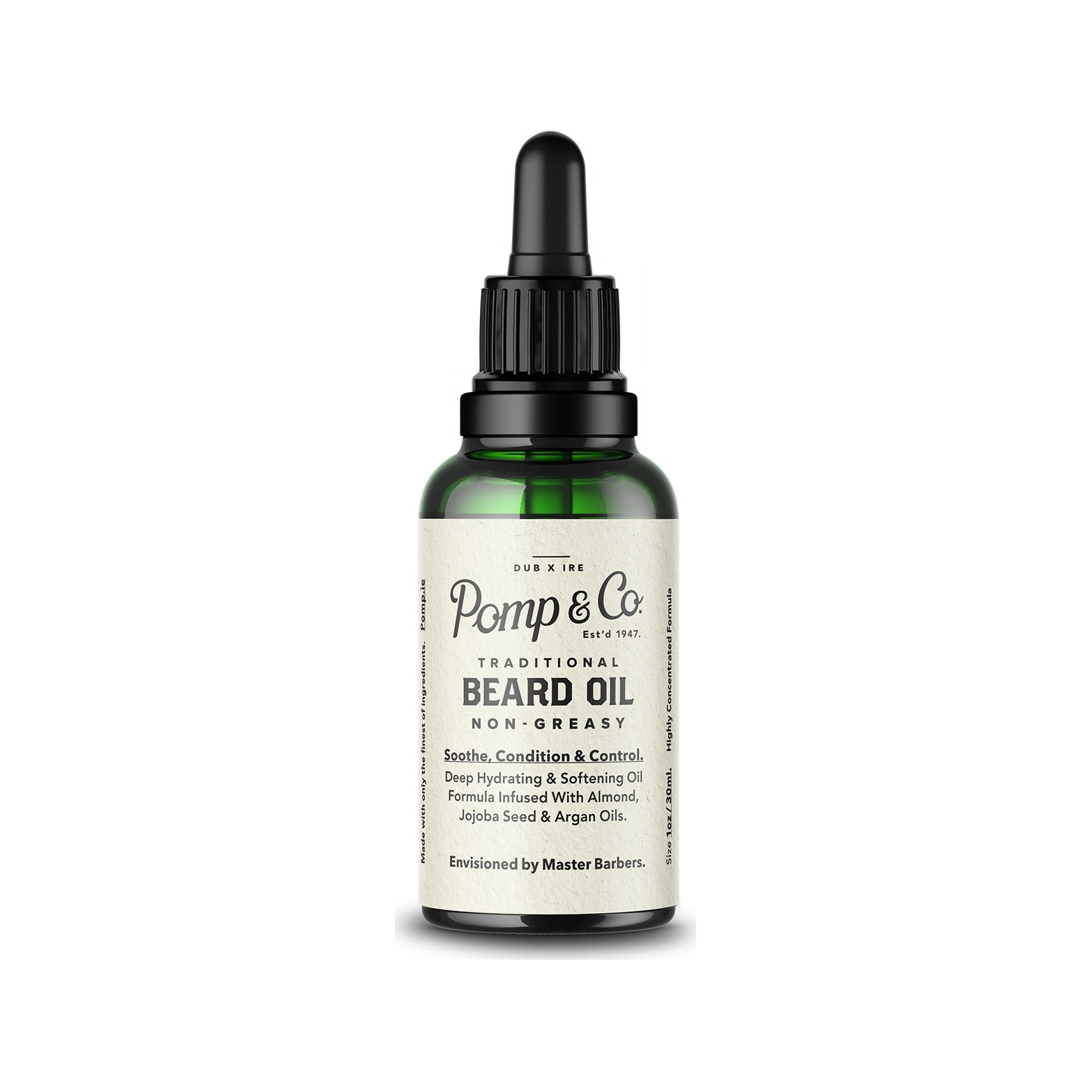 Pomp & Co. Beard Oil - vooraanzicht groen glazen flesje met pipet en etiket