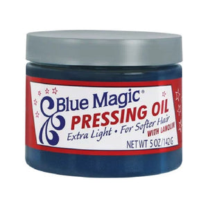 Blue Magic Pressing Oil Extra Light - donkerblauwe pot met rood-wit etiket
