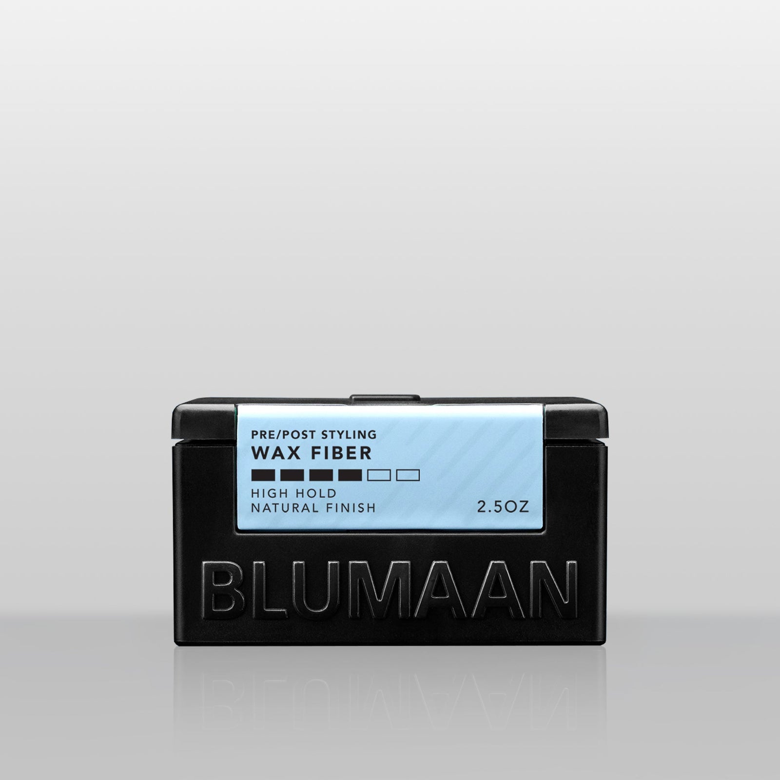 Blumaan Wax Fiber - vooraanzicht zwarte pot met lichtblauw etiket, high hold