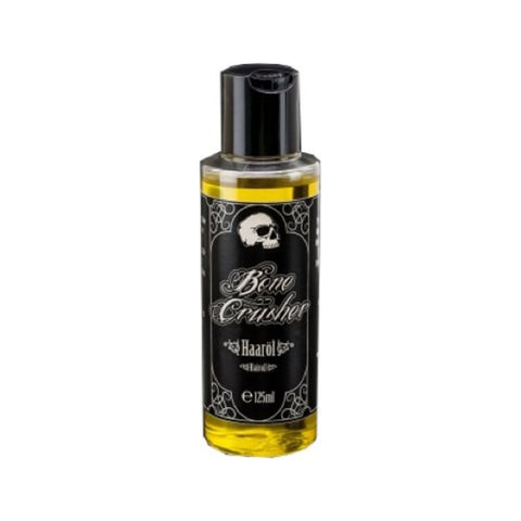 Bone Crusher Haarolie - vooraanzicht 125ml fles met schedellabel en gele olie