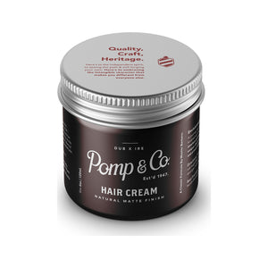 Pomp & Co. Hair Cream - bruine pot met deksel bovenop en tekst Quality Craft Heritage