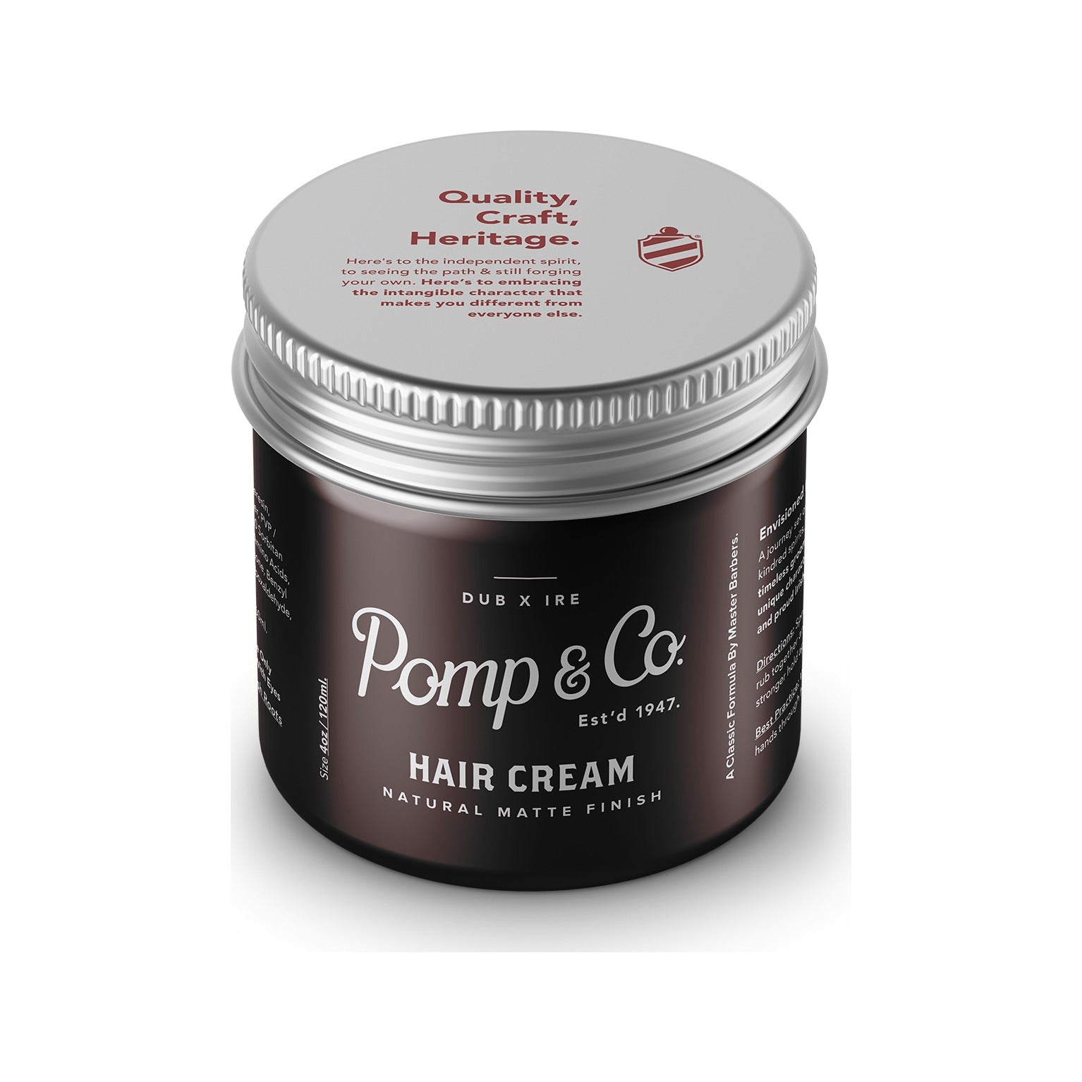 Pomp & Co. Hair Cream - bruine pot met deksel bovenop en tekst Quality Craft Heritage