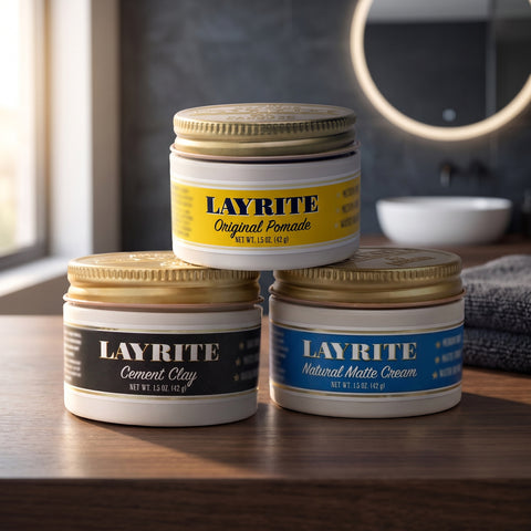 Layrite Proeftrio, de complete set op een houten blad