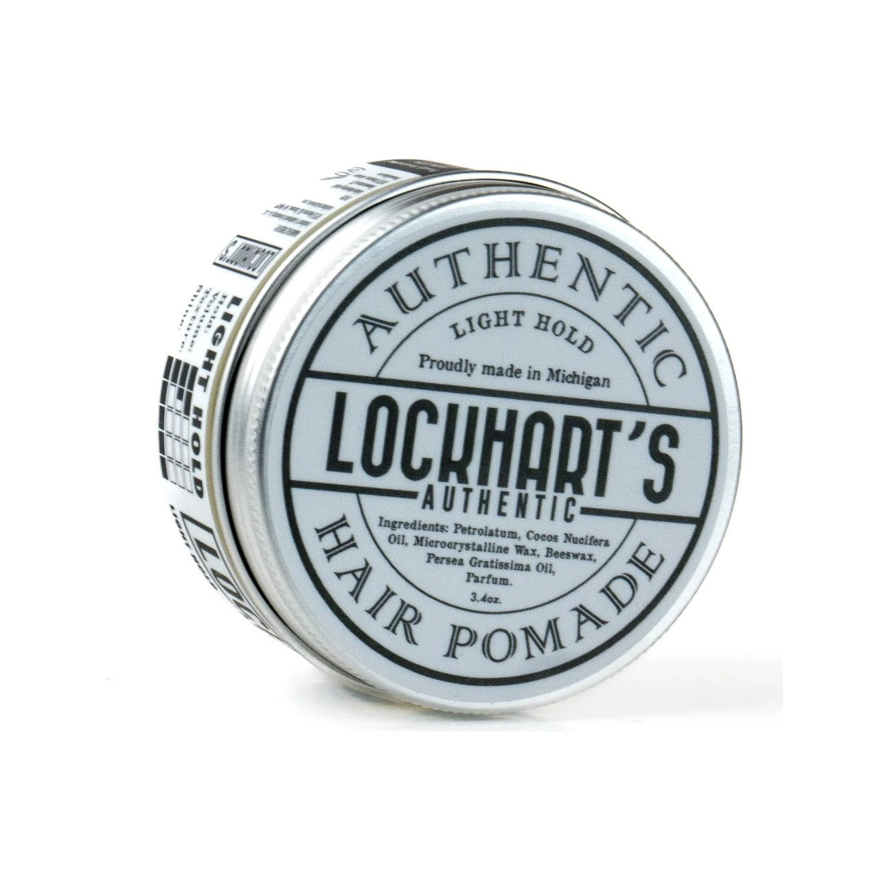 Lockhart's Light Hold Pomade - blik liggend met deksel-etiket en ingredientenlijst