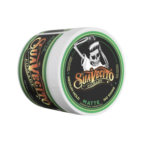Suavecito Matte Pomade - gesloten pot schuin met groen deksel en logo