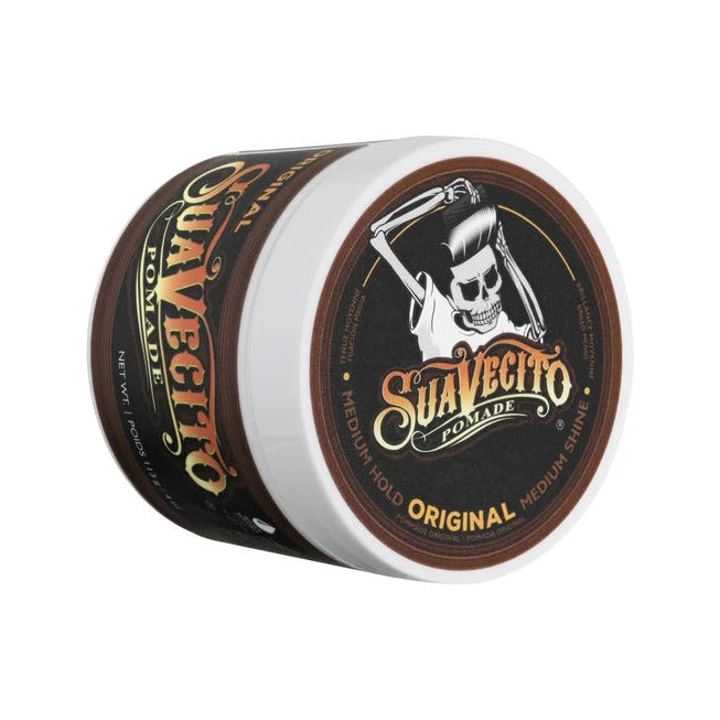 Suavecito Original Hold Pomade - gesloten pot met skull-logo, zijaanzicht