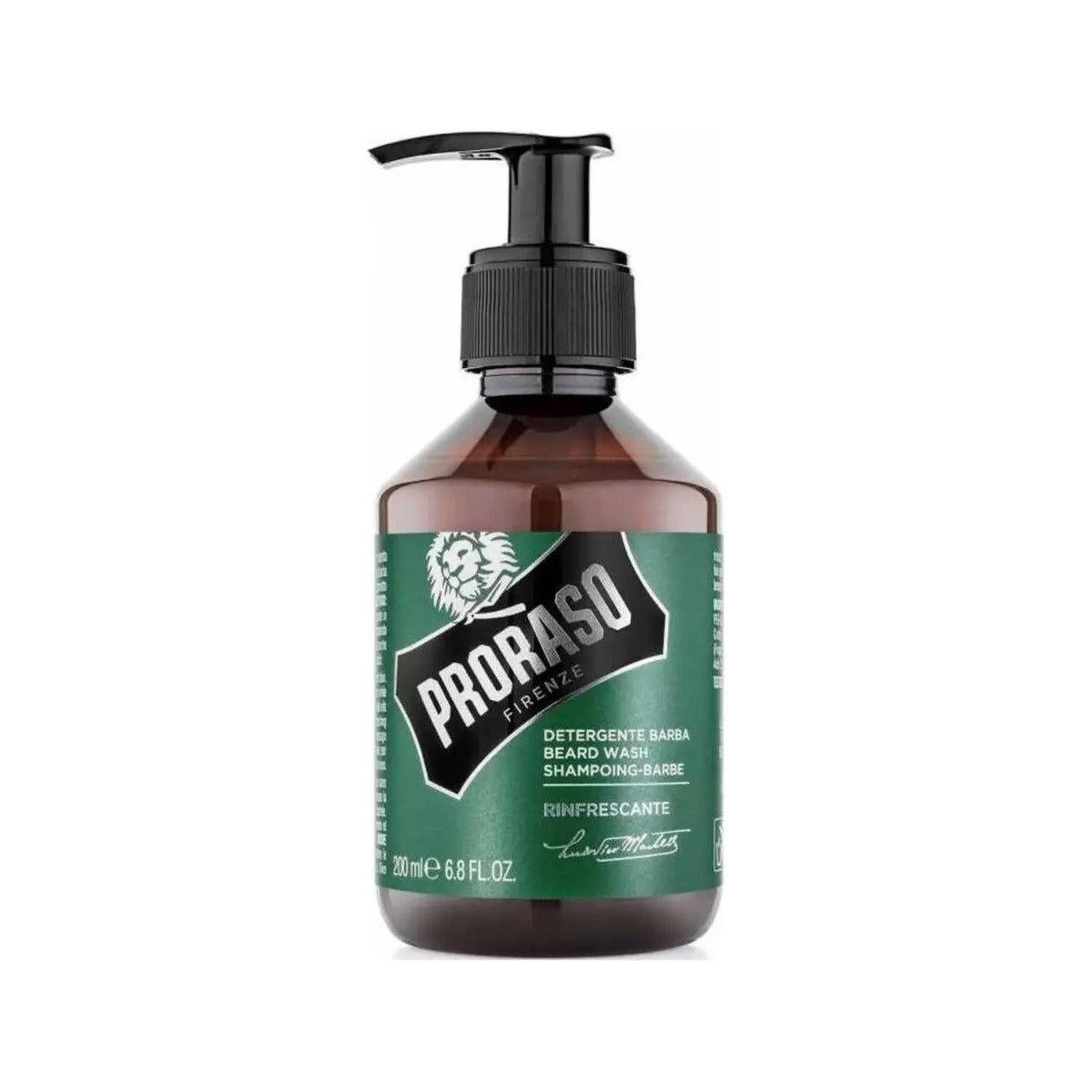 Proraso Baardshampoo Rinfrescante - vooraanzicht bruine pompfles met groen etiket