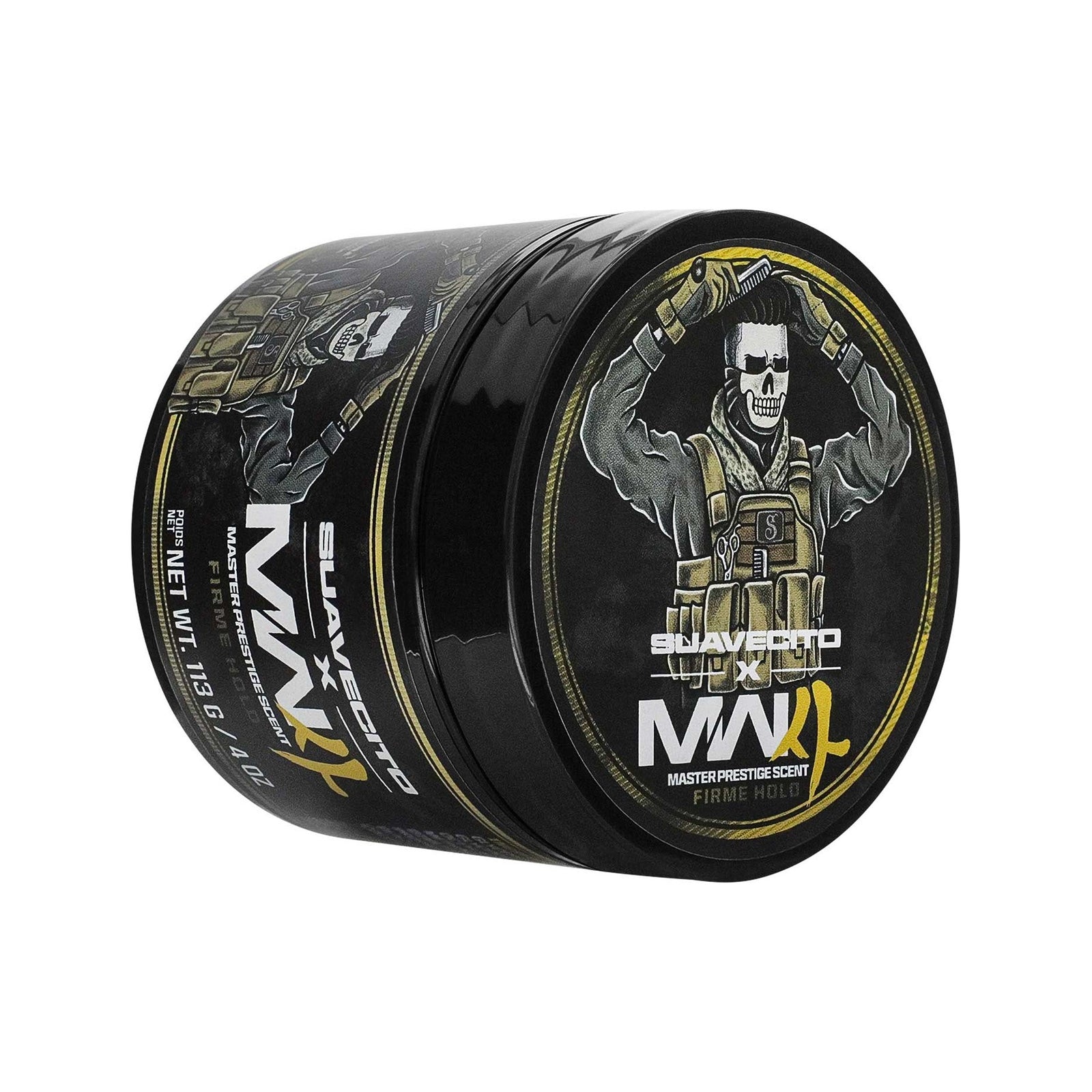 Suavecito Call of Duty Firme Hold Pomade 113 g - zwarte pot met geel artwork, schuin vooraanzicht