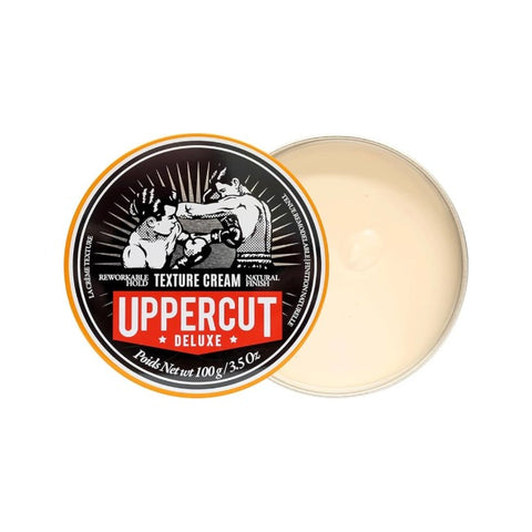 Uppercut Texture Cream - open potje 100g met creme naast deksel met bokserslabel