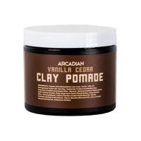 Arcadian Vanilla Cedar Clay Pomade - vooraanzicht pot met ingredientenlijst op etiket